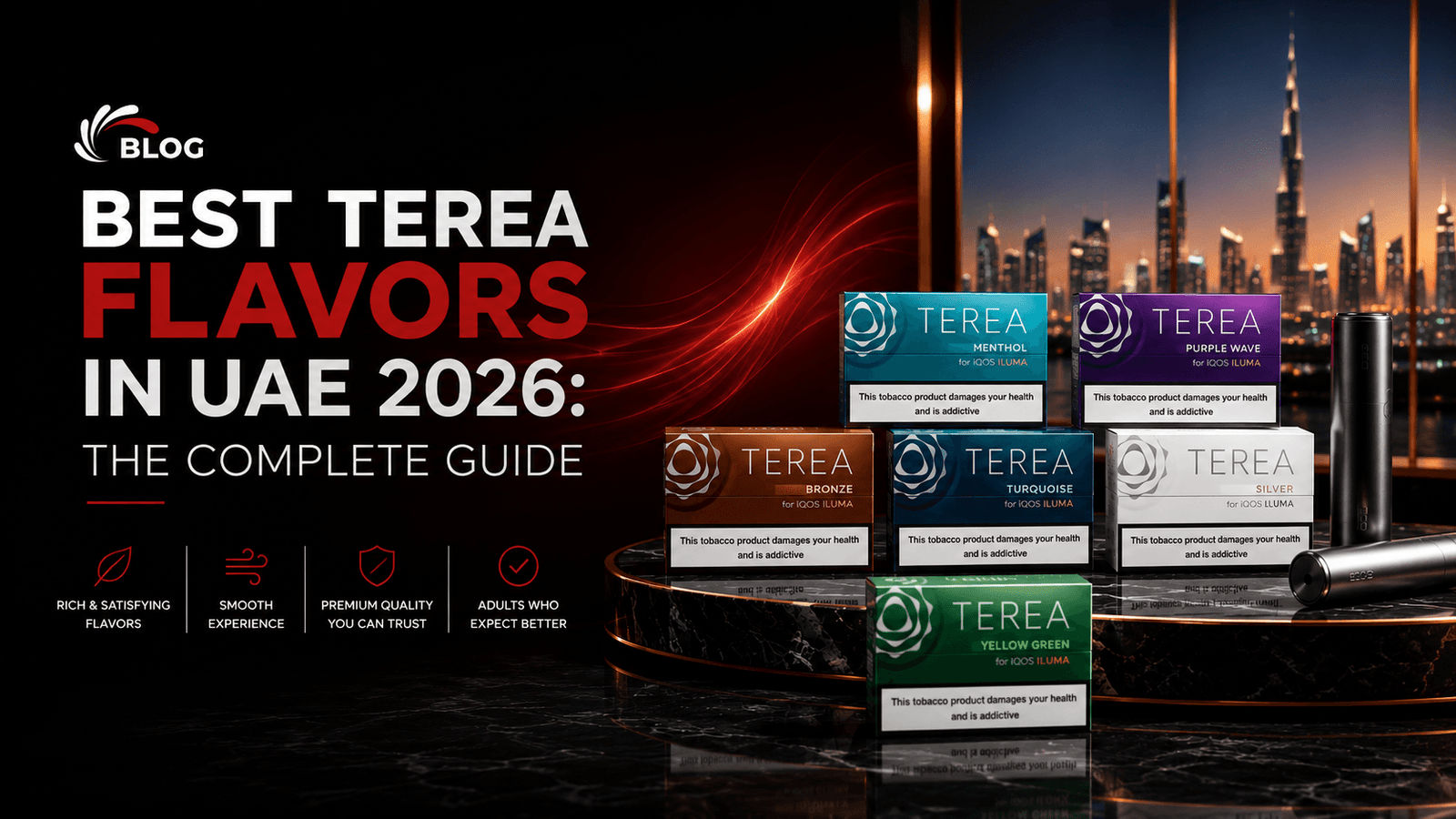 Best TEREA flavors available in the UAE for 2026 featuring premium heated tobacco sticks with IQOS ILUMA devices in a luxury editorial product display.