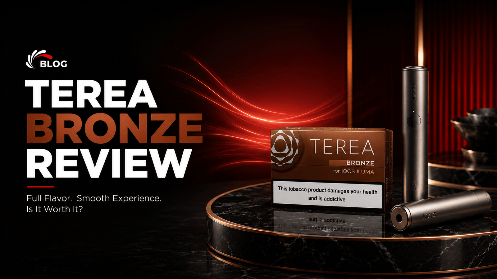 TEREA Bronze review featuring the TEREA Bronze tobacco sticks pack and IQOS ILUMA device in a premium luxury product display with a modern black and bronze background.