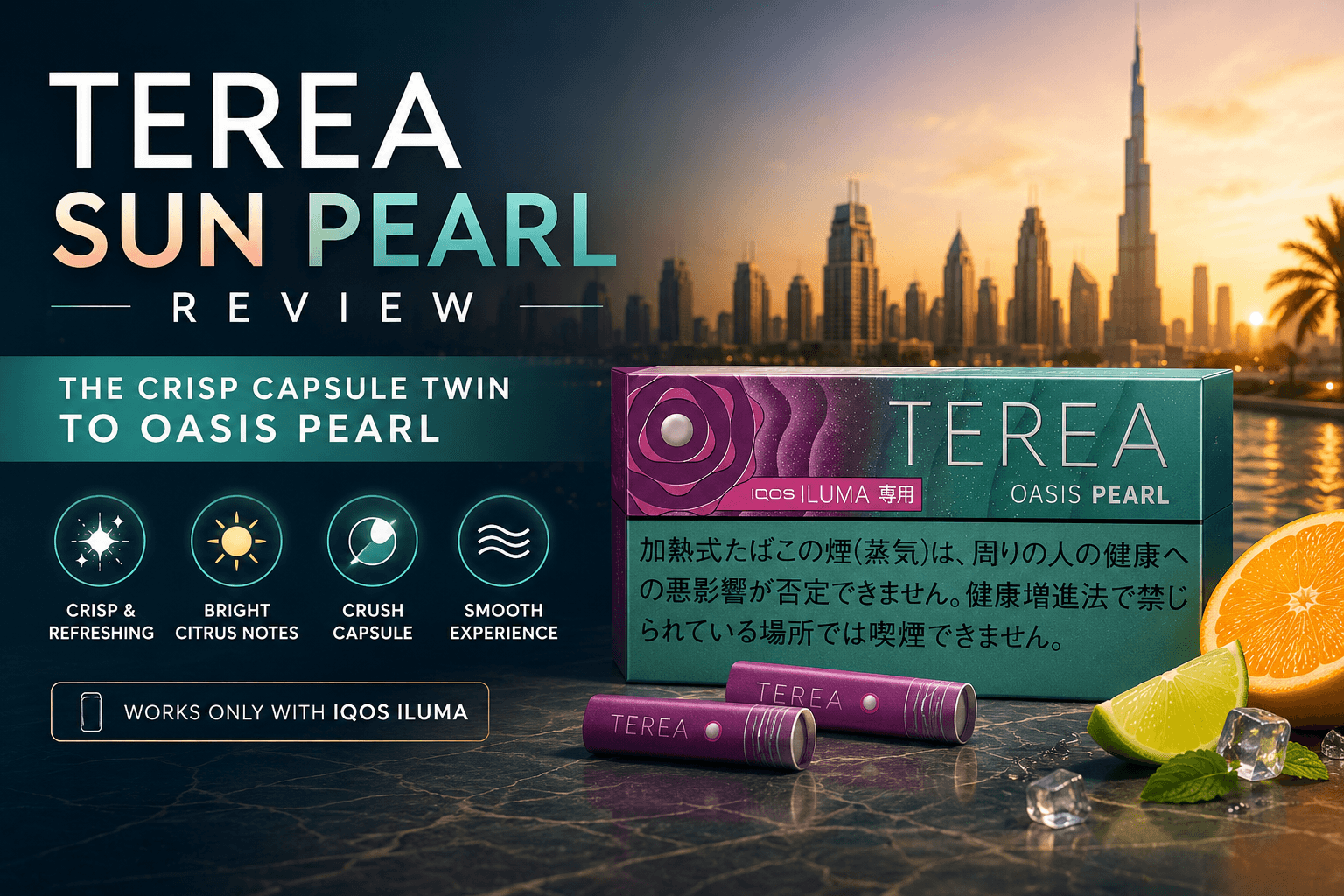 TEREA Sun Pearl pack with citrus, mint, capsule sticks, and Dubai skyline in a crisp flavor review banner